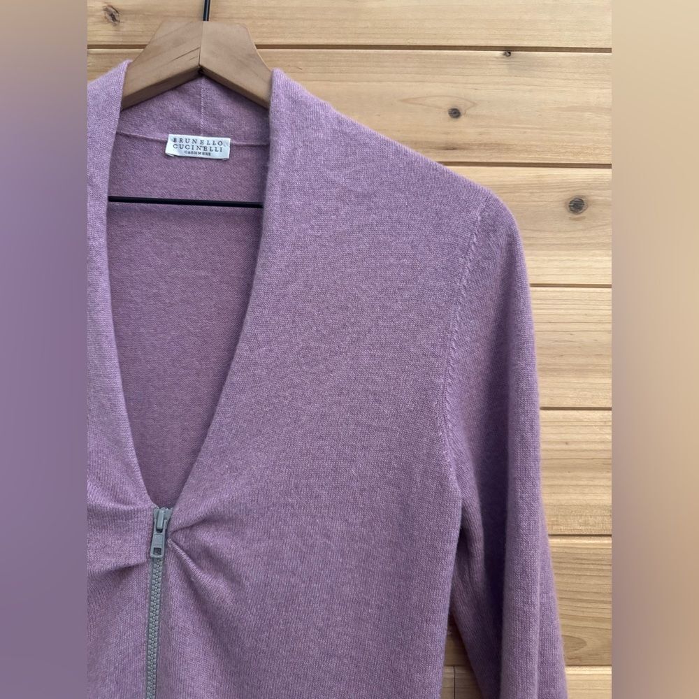 Brunello Cucinelli Size Medium Pink Purple Double Zipper Ruched Cashmere Sweater - Picture 5 of 14